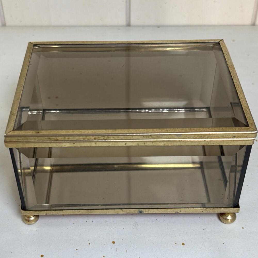 Beveled Glass And Brass Glass Mirrored Trinket Box Footed 3” H Hinged Lid Opens